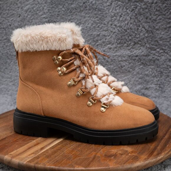 J. Crew Boots Womens 7.5 Faux Fur Winter Hiking Outdoor Ankle Shoes Chestnut - Picture 1 of 6